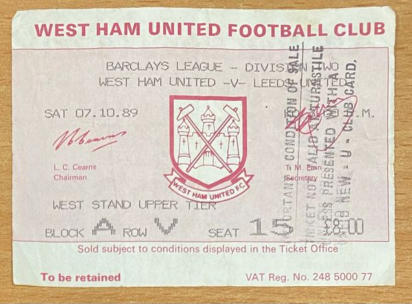 1989/90 ORIGINAL DIVISION TWO TICKET WEST HAM UNITED V LEEDS UNITED (LEEDS UTD ALLOCATION)