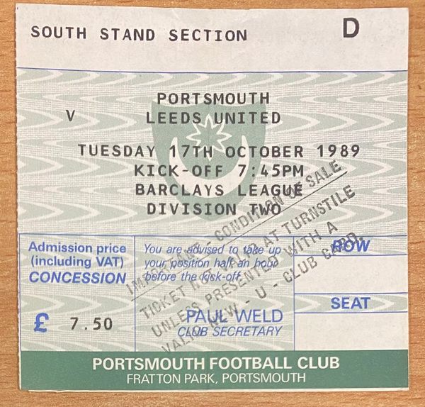 1989/90 ORIGINAL DIVISION TWO TICKET PORTSMOUTH V LEEDS UNITED (LEEDS UTD ALLOCATION)