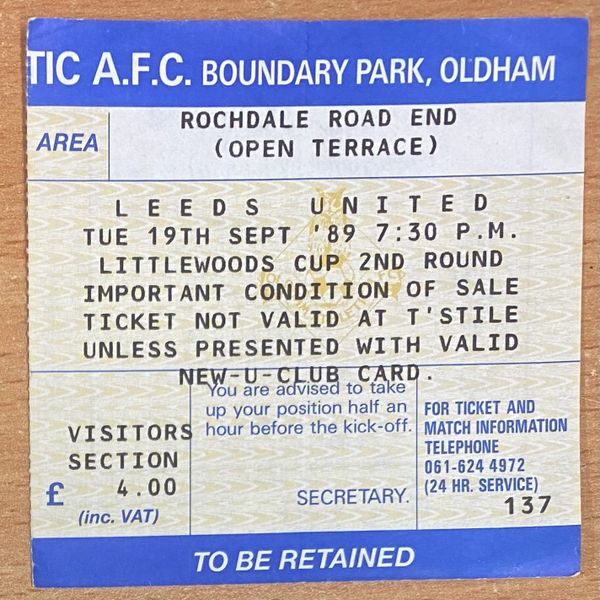 1989/90 ORIGINAL LITTLEWOODS LEAGUE CUP 2ND ROUND 1ST LEG TICKET OLDHAM ATHLETIC V LEEDS UNITED (LEEDS UTD ALLOCATION)