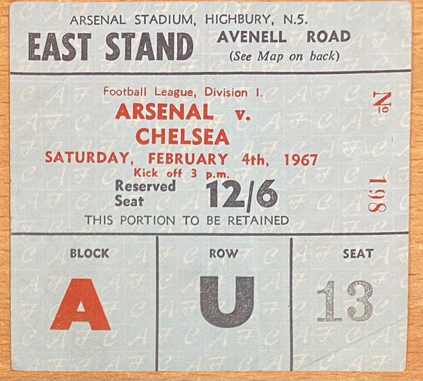 1966/67 ORIGINAL DIVISION ONE TICKET ARSENAL V CHELSEA