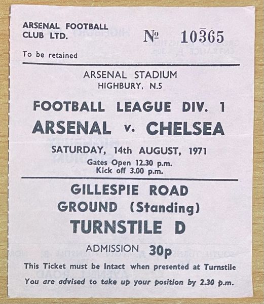 1971/72 ORIGINAL DIVISION ONE TICKET ARSENAL V CHELSEA