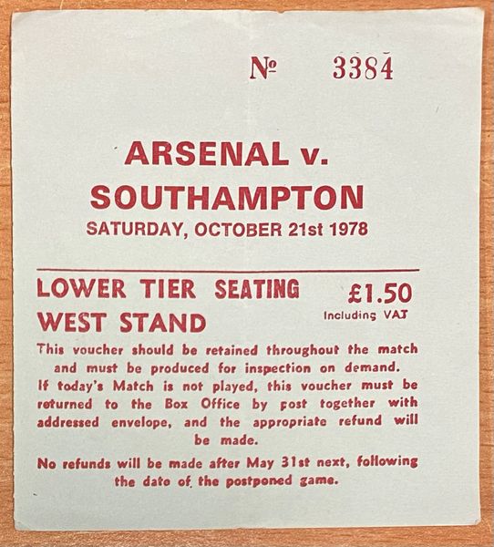 1978/79 ORIGINAL DIVISION ONE TICKET ARSENAL V SOUTHAMPTON