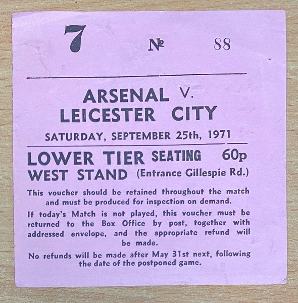 1971/72 ORIGINAL DIVISION ONE TICKET ARSENAL V LEICESTER CITY