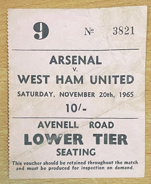 1965/66 ORIGINAL DIVISION ONE TICKET ARSENAL V WEST HAM UNITED