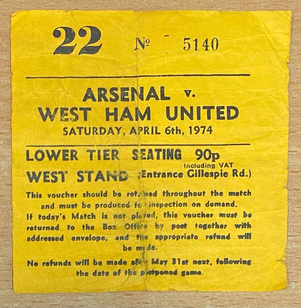 1973/74 ORIGINAL DIVISION ONE TICKET ARSENAL V WEST HAM UNITED