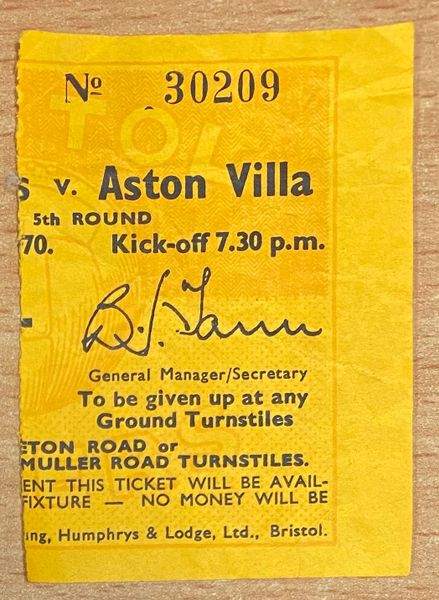 1970/71 ORIGINAL LEAGUE CUP 5TH ROUND TICKET BRISTOL ROVERS V ASTON VILLA