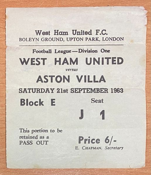 1963/64 ORIGINAL DIVISION ONE TICKET WEST HAM UNITED V ASTON VILLA