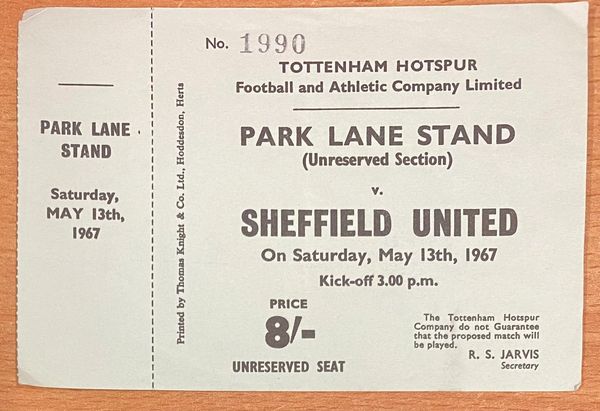 1966/67 ORIGINAL UNUSED DIVISION ONE TICKET TOTTENHAM HOTSPUR V SHEFFIELD UNITED