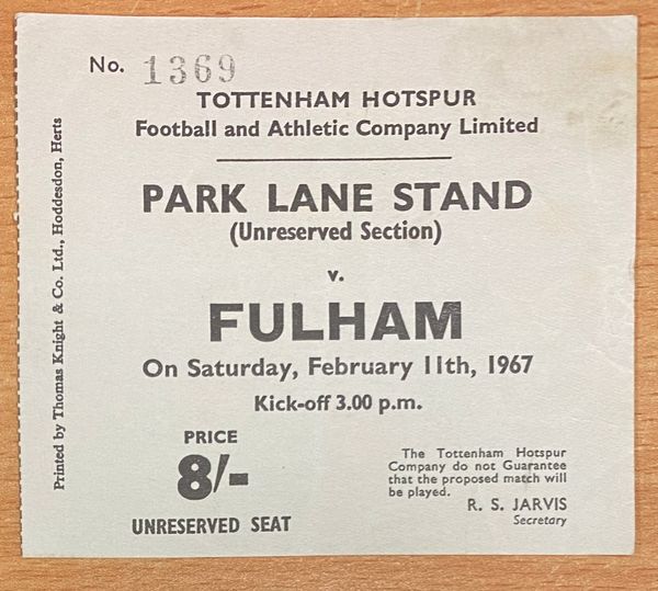 1966/67 ORIGINAL DIVISION ONE TICKET TOTTENHAM HOTSPUR V FULHAM