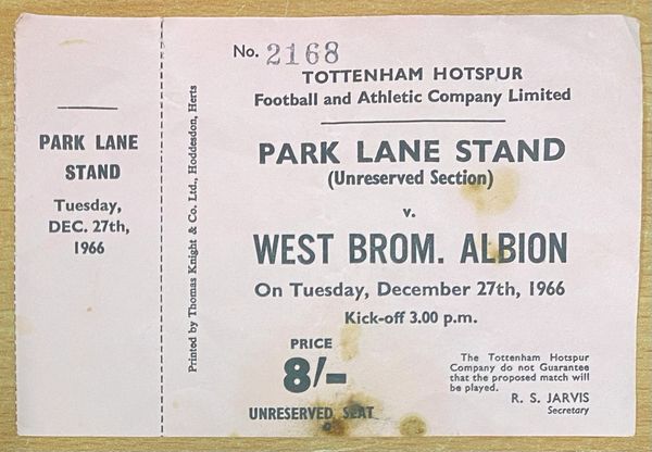 1966/67 ORIGINAL UNUSED DIVISION ONE TICKET TOTTENHAM HOTSPUR V WEST BROMWICH ALBION