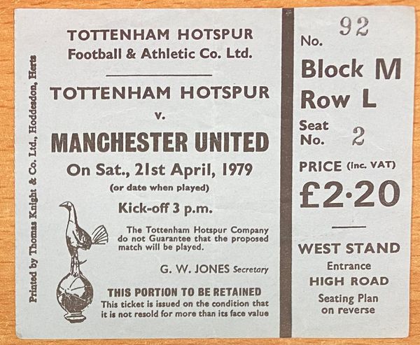 1978/79 ORIGINAL DIVISION ONE TICKET TOTTENHAM HOTSPUR V MANCHESTER UNITED