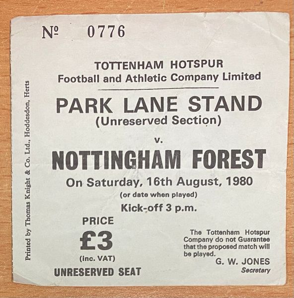 1980/81 ORIGINAL DIVISION ONE TICKET TOTTENHAM HOTSPUR V NOTTINGHAM FOREST