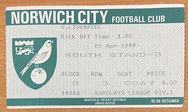 1988/89 ORIGINAL DIVISION ONE TICKET NORWICH CITY V LIVERPOOL (VISITORS SEATING)