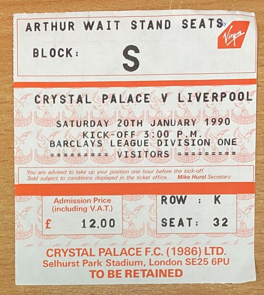 1989/90 ORIGINAL DIVISION ONE TICKET CRYSTAL PALACE V LIVERPOOL (VISITORS SEATING)
