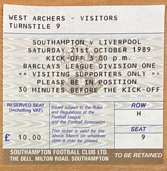 1989/90 ORIGINAL DIVISION ONE TICKET SOUTHAMPTON V LIVERPOOL (VISITORS SEATING)