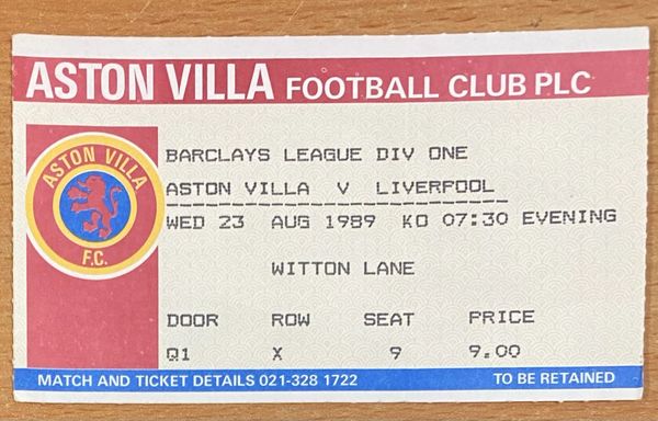 1989/90 ORIGINAL DIVISION ONE TICKET ASTON VILLA V LIVERPOOL (VISITORS SEATING)