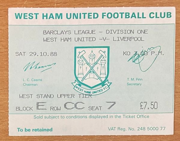 1988/89 ORIGINAL DIVISION ONE TICKET WEST HAM UNITED V LIVERPOOL (VISITORS SEATING)