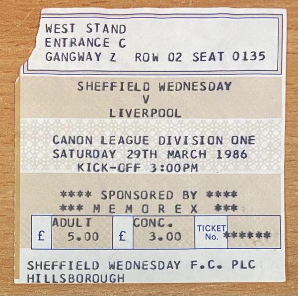 1985/86 ORIGINAL DIVISION ONE TICKET SHEFFIELD WEDNESDAY V LIVERPOOL (VISITORS SEATING)