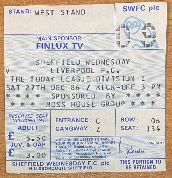 1986/87 ORIGINAL DIVISION ONE TICKET SHEFFIELD WEDNESDAY V LIVERPOOL (VISITORS SEATING)