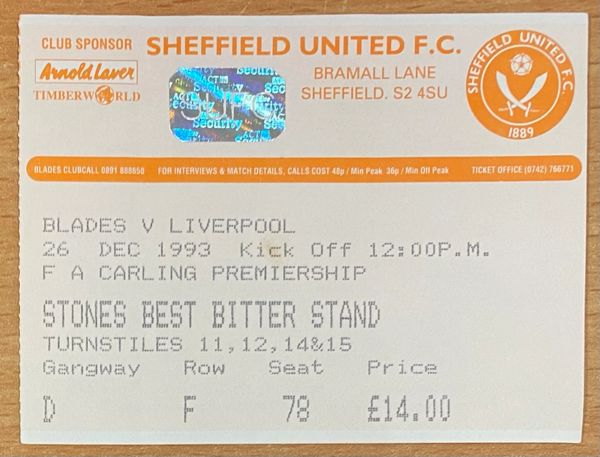 1993/94 ORIGINAL PREMIER LEAGUE TICKET SHEFFIELD UNITED V LIVERPOOL (VISITORS SEATING)