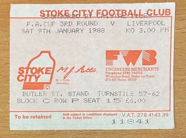 1987/88 ORIGINAL FA CUP ROUND 3 TICKET STOKE CITY V LIVERPOOL