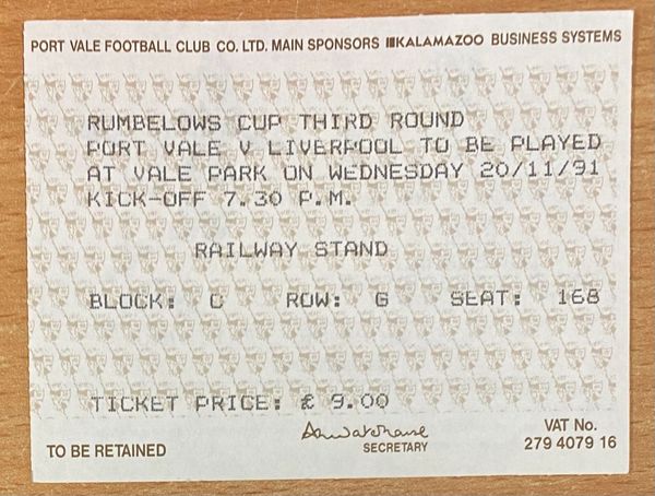 1991/92 ORIGINAL RUMBELOWS LEAGUE CUP ROUND 3 REPLAY TICKET PORT VALE V LIVERPOOL