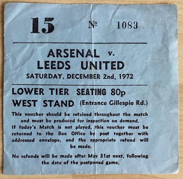 1972/73 ORIGINAL DIVISION ONE TICKET ARSENAL V LEEDS UNITED