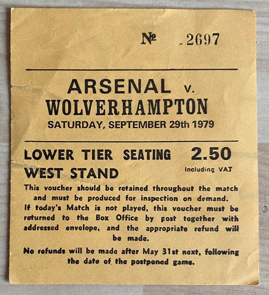 1979/80 ORIGINAL DIVISION ONE TICKET ARSENAL V WOLVERHAMPTON WANDERERS