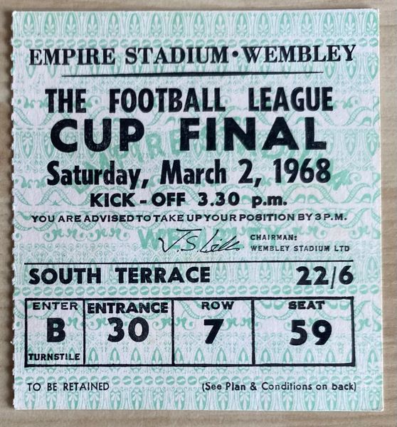 1968 ORIGINAL LEAGUE CUP FINAL TICKET ARSENAL V LEEDS UNITED B30