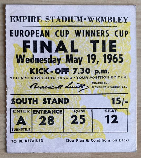 1965 ORIGINAL EUROPEAN CUP WINNERS CUP FINAL TICKET WEST HAM UNITED V 1860 MUNICH