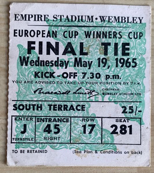 1965 ORIGINAL EUROPEAN CUP WINNERS CUP FINAL TICKET WEST HAM UNITED V 1860 MUNICH