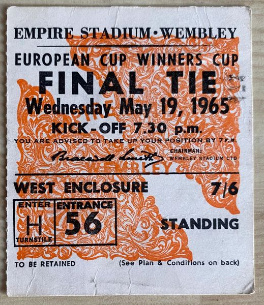 1965 ORIGINAL EUROPEAN CUP WINNERS CUP FINAL TICKET WEST HAM UNITED V 1860 MUNICH