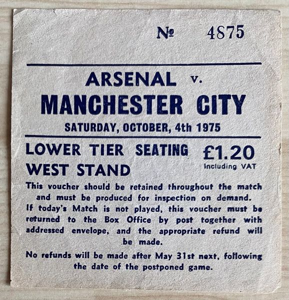 1975/76 ORIGINAL DIVISION ONE TICKET ARSENAL V MANCHESTER CITY