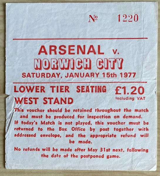 1976/77 ORIGINAL DIVISION ONE TICKET ARSENAL V NORWICH CITY