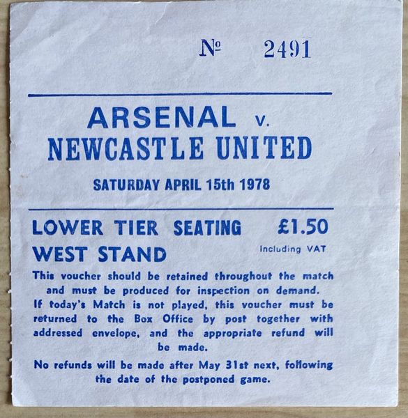 1977/78 ORIGINAL DIVISION ONE TICKET ARSENAL V NEWCASTLE UNITED