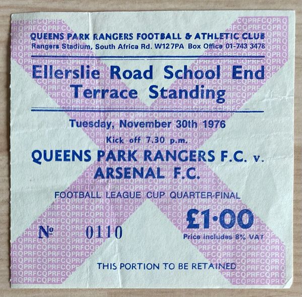 1976/77 ORIGINAL LEAGUE CUP 5TH ROUND TICKET QUEENS PARK RANGERS V ARSENAL