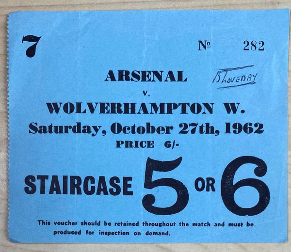 1962/63 ORIGINAL DIVISION ONE TICKET ARSENAL V WOLVERHAMPTON WANDERERS