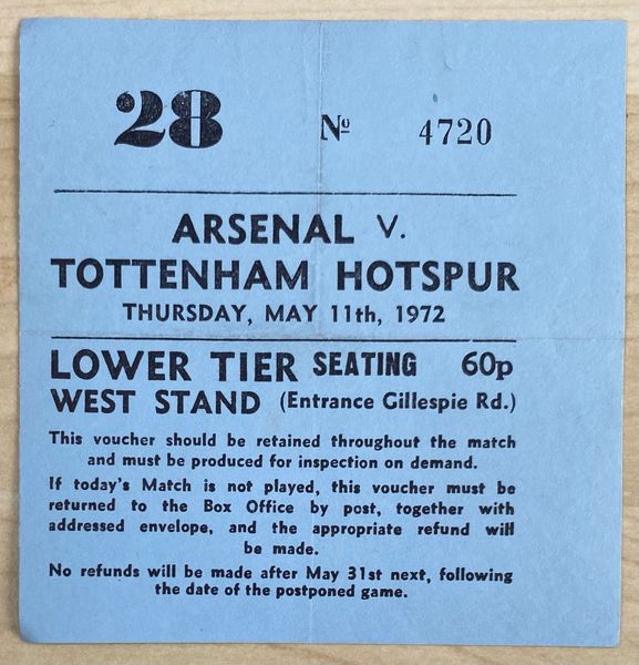 1971/72 ORIGINAL DIVISION ONE TICKET ARSENAL V TOTTENHAM HOTSPUR