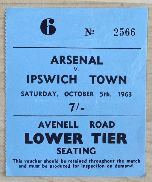 1963/64 ORIGINAL DIVISION ONE TICKET ARSENAL V IPSWICH TOWN