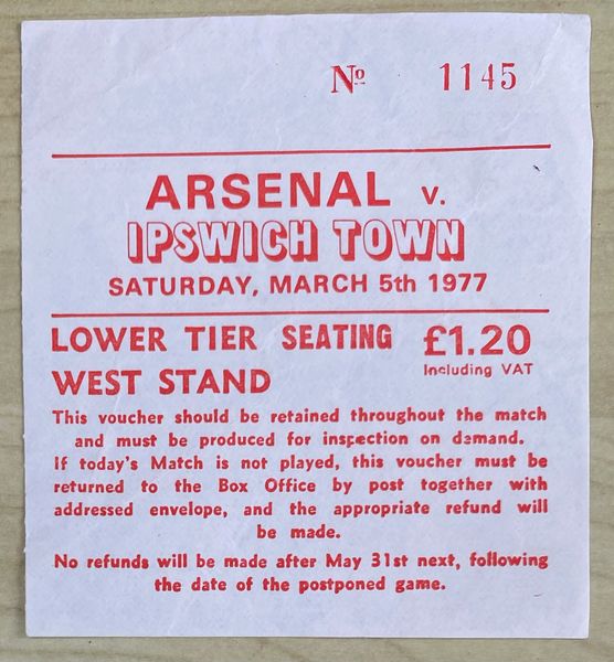 1976/77 ORIGINAL DIVISION ONE TICKET ARSENAL V IPSWICH TOWN