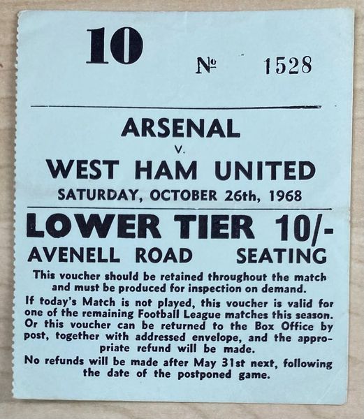 1968/69 ORIGINAL DIVISION ONE TICKET ARSENAL V WEST HAM UNITED