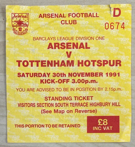 1991/92 ORIGINAL DIVISION ONE TICKET ARSENAL V TOTTENHAM HOTSPUR (VISITORS END)