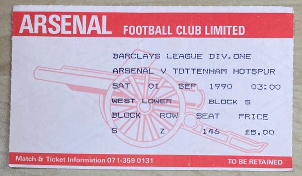 1990/91 ORIGINAL DIVISION ONE TICKET ARSENAL V TOTTENHAM HOTSPUR