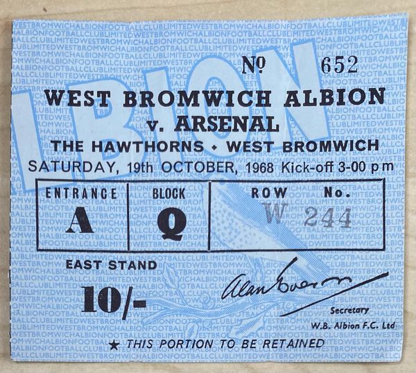 1968/69 ORIGINAL DIVISION ONE TICKET WEST BROMWICH ALBION V ARSENAL