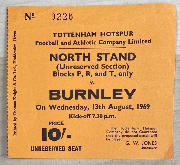 1969/70 ORIGINAL DIVISION ONE TICKET TOTTENHAM HOTSPUR V BURNLEY