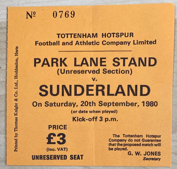 1980/81 ORIGINAL DIVISION ONE TICKET TOTTENHAM HOTSPUR V SUNDERLAND