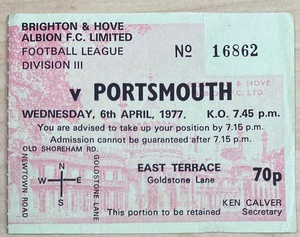 1976/77 ORIGINAL DIVISION THREE TICKET BRIGHTON AND HOVE ALBION V PORTSMOUTH