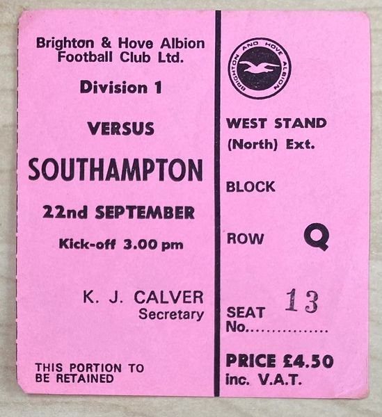 1979/80 ORIGINAL DIVISION ONE TICKET BRIGHTON AND HOVE ALBION V SOUTHAMPTON