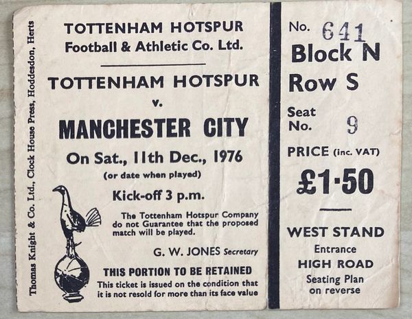 1976/77 ORIGINAL DIVISION ONE TICKET TOTTENHAM HOTSPUR V MANCHESTER CITY