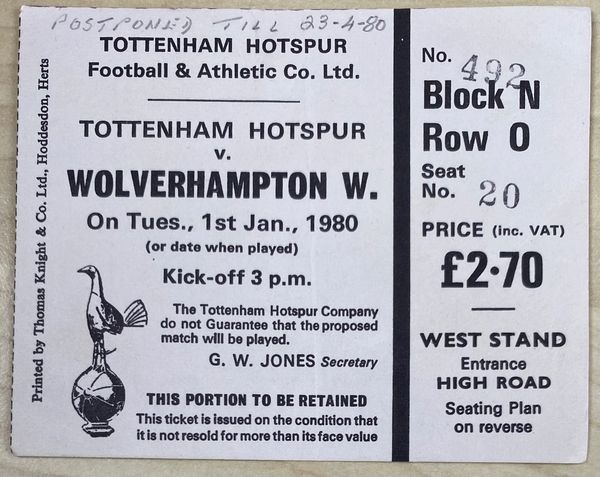 1979/80 ORIGINAL DIVISION ONE TICKET TOTTENHAM HOTSPUR V WOLVERHAMPTON WANDERERS